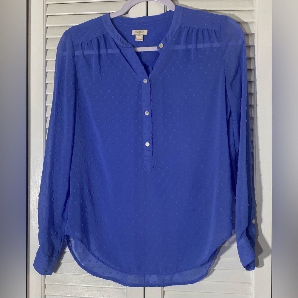 J Crew Long Sleeve Sheer Blue Blouse, Size XXS, Textured Dot Pattern